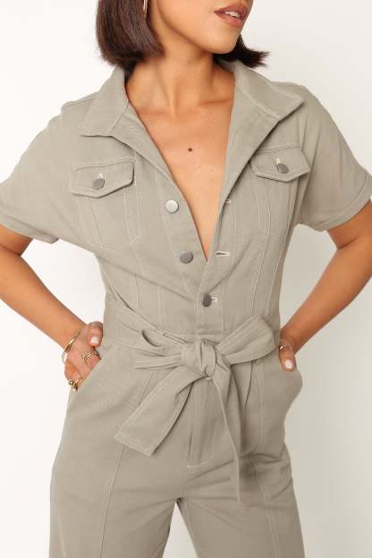 Demi Contrast Stitch Jumpsuit - Olive-Sunny Prom