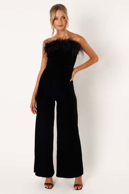 Donatella Feather Trim Jumpsuit - Black-Sunny Prom