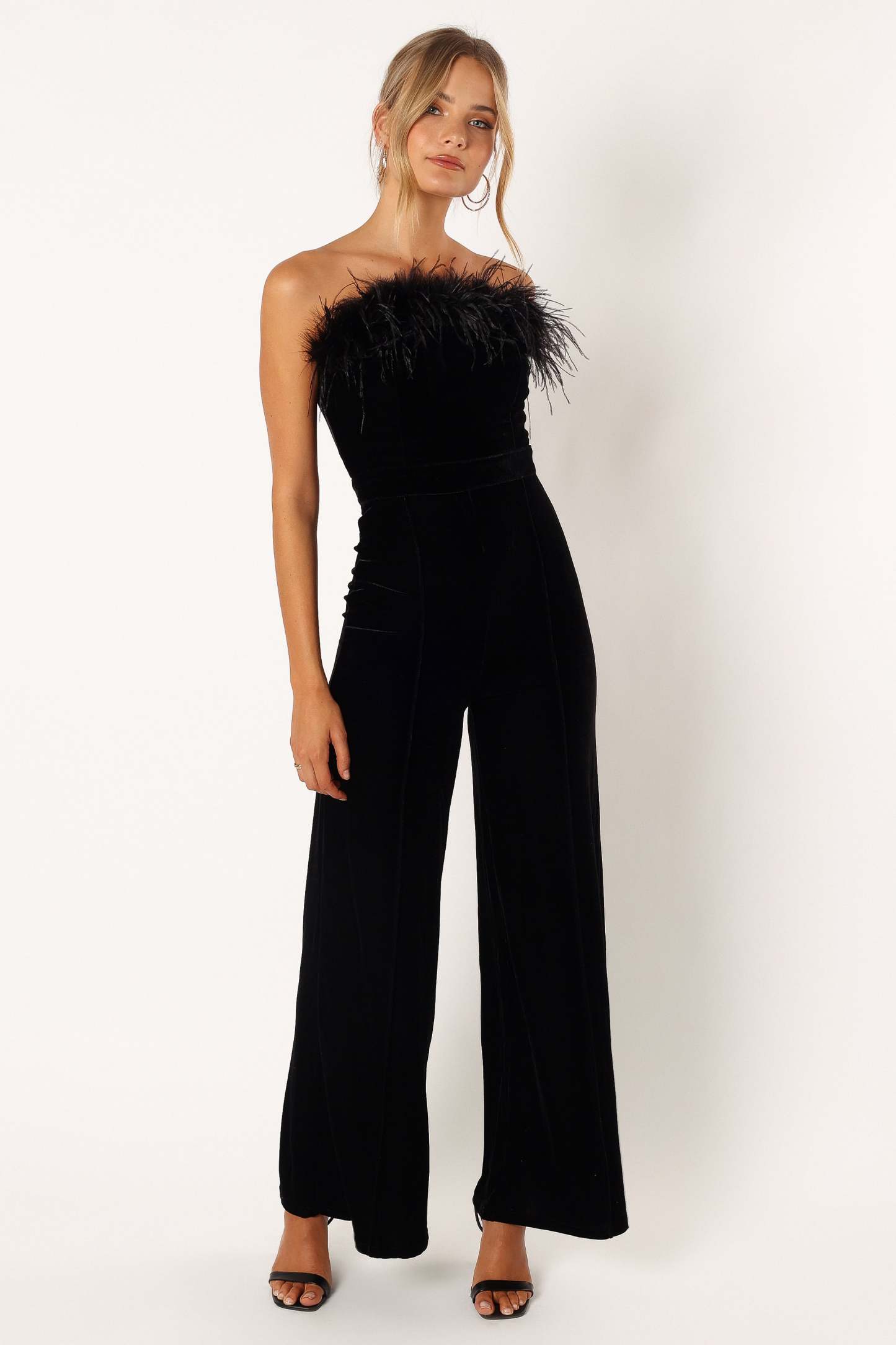 Donatella Feather Trim Jumpsuit - Black-Sunny Prom