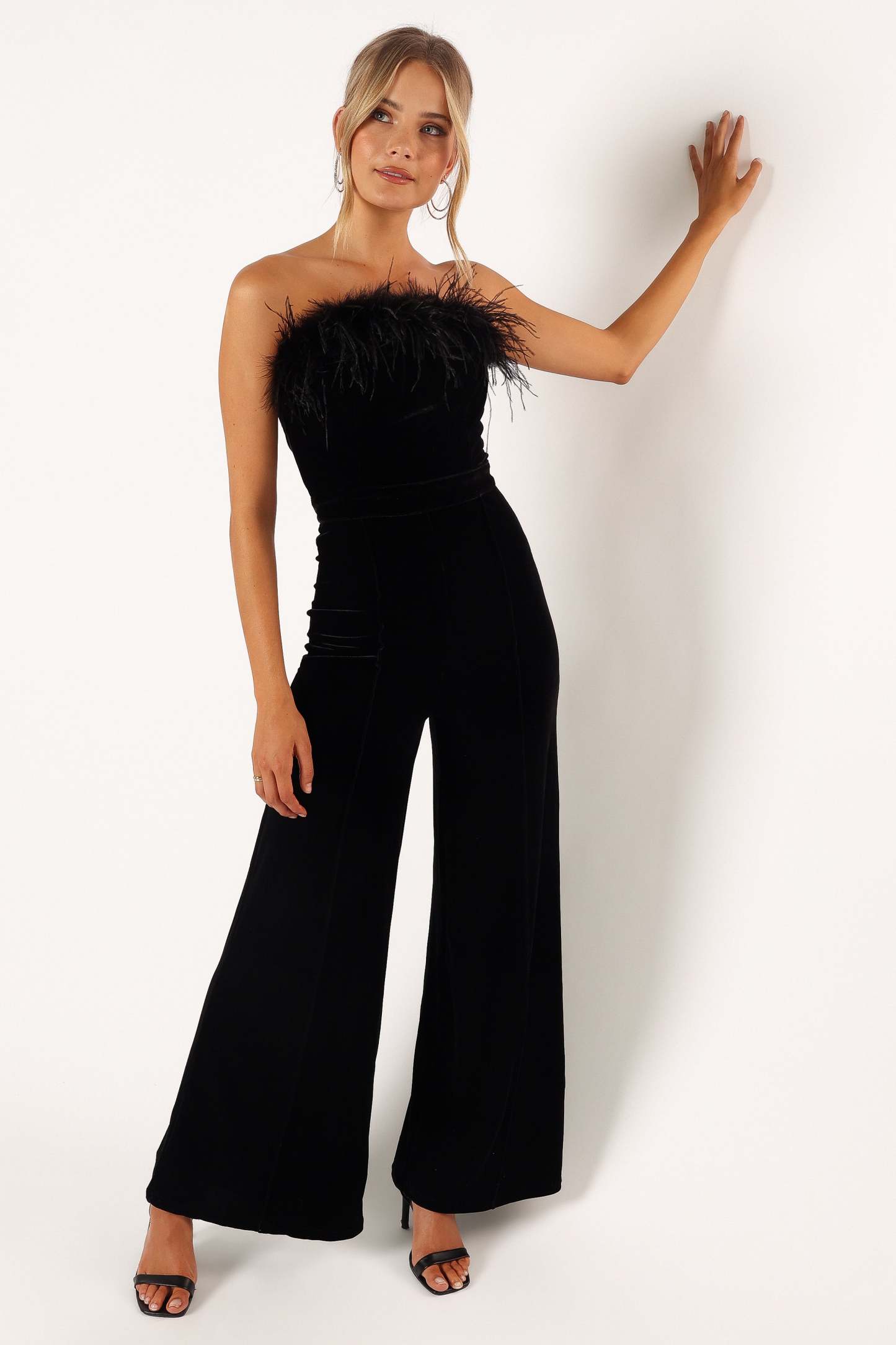 Donatella Feather Trim Jumpsuit - Black-Sunny Prom
