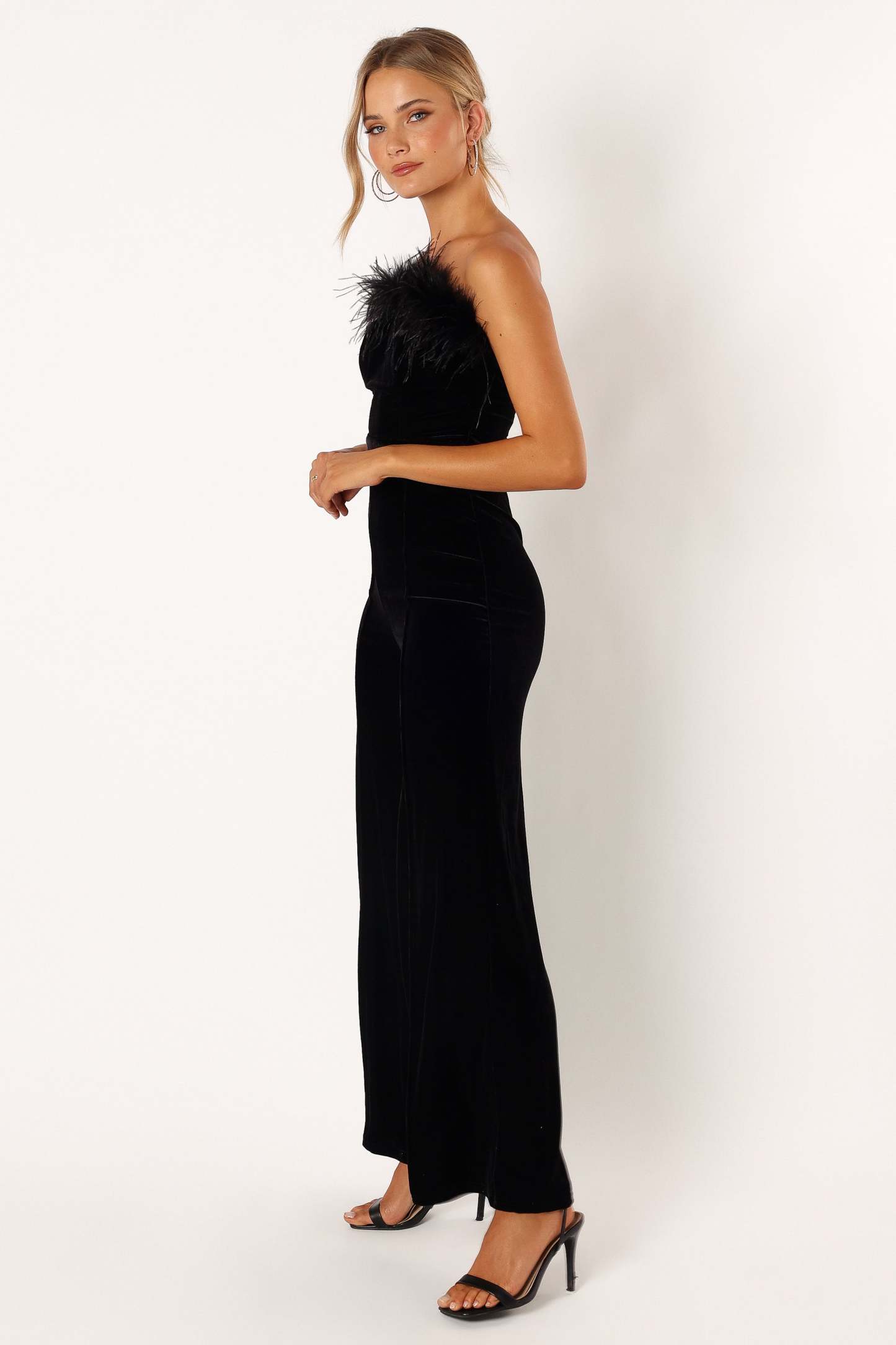 Donatella Feather Trim Jumpsuit - Black-Sunny Prom