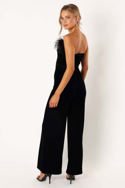 Donatella Feather Trim Jumpsuit - Black-Sunny Prom