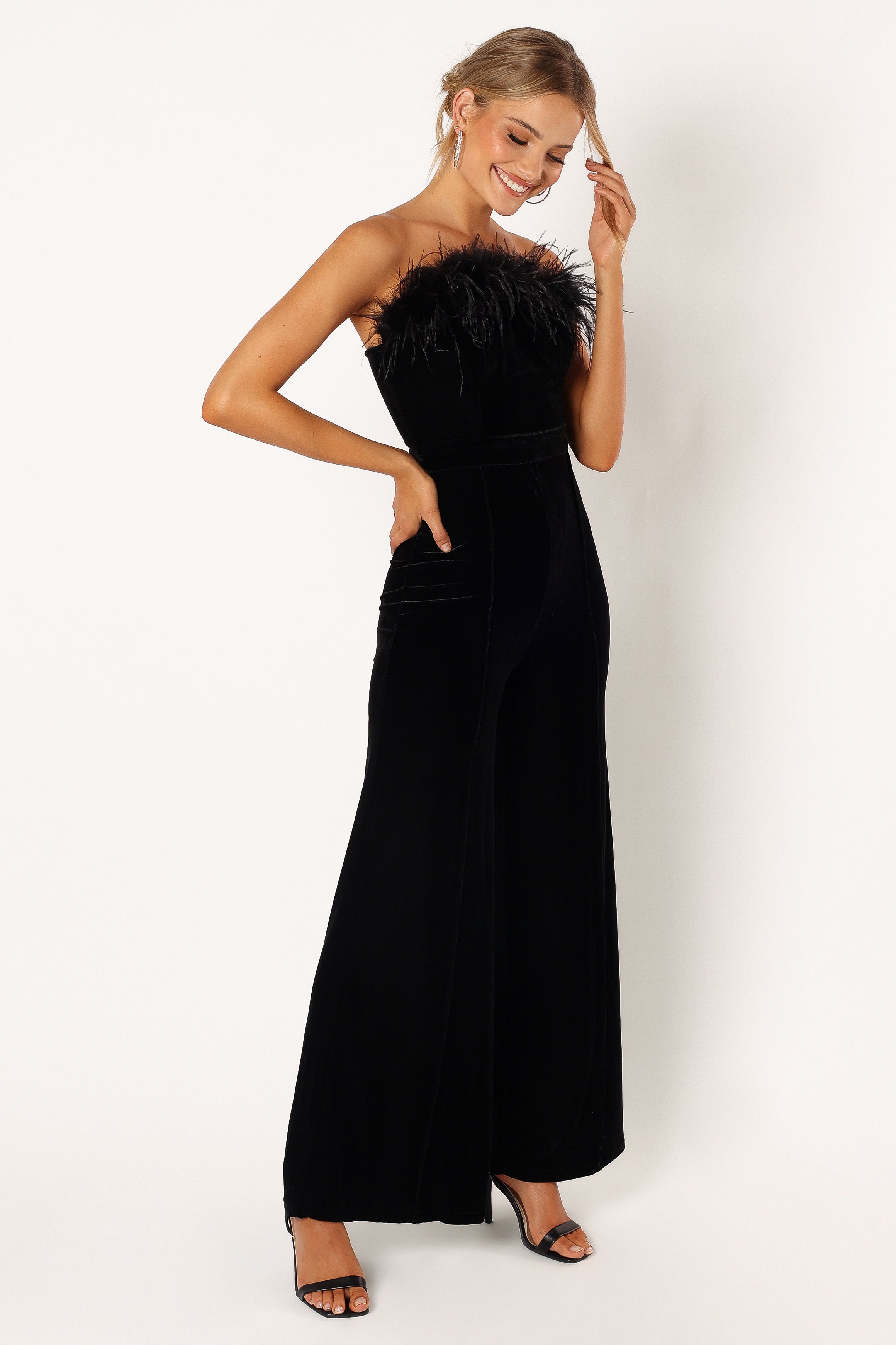 Donatella Feather Trim Jumpsuit - Black-Sunny Prom