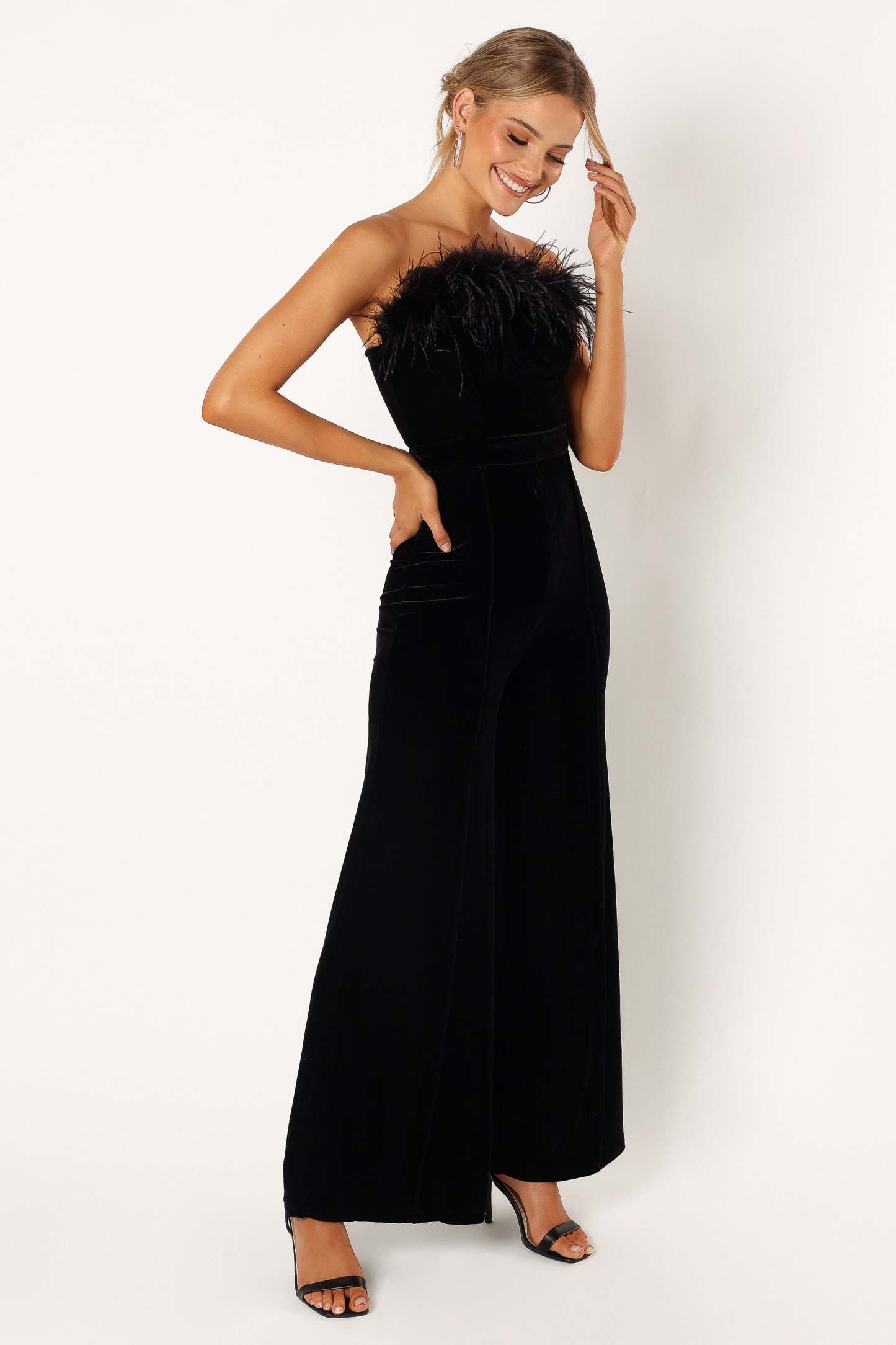 Donatella Feather Trim Jumpsuit - Black-Sunny Prom