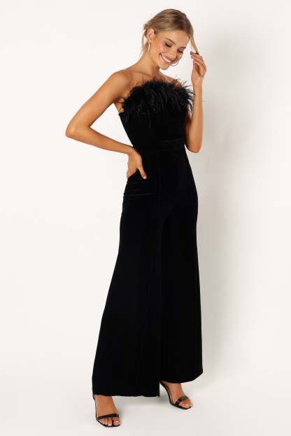 Donatella Feather Trim Jumpsuit - Black-Sunny Prom