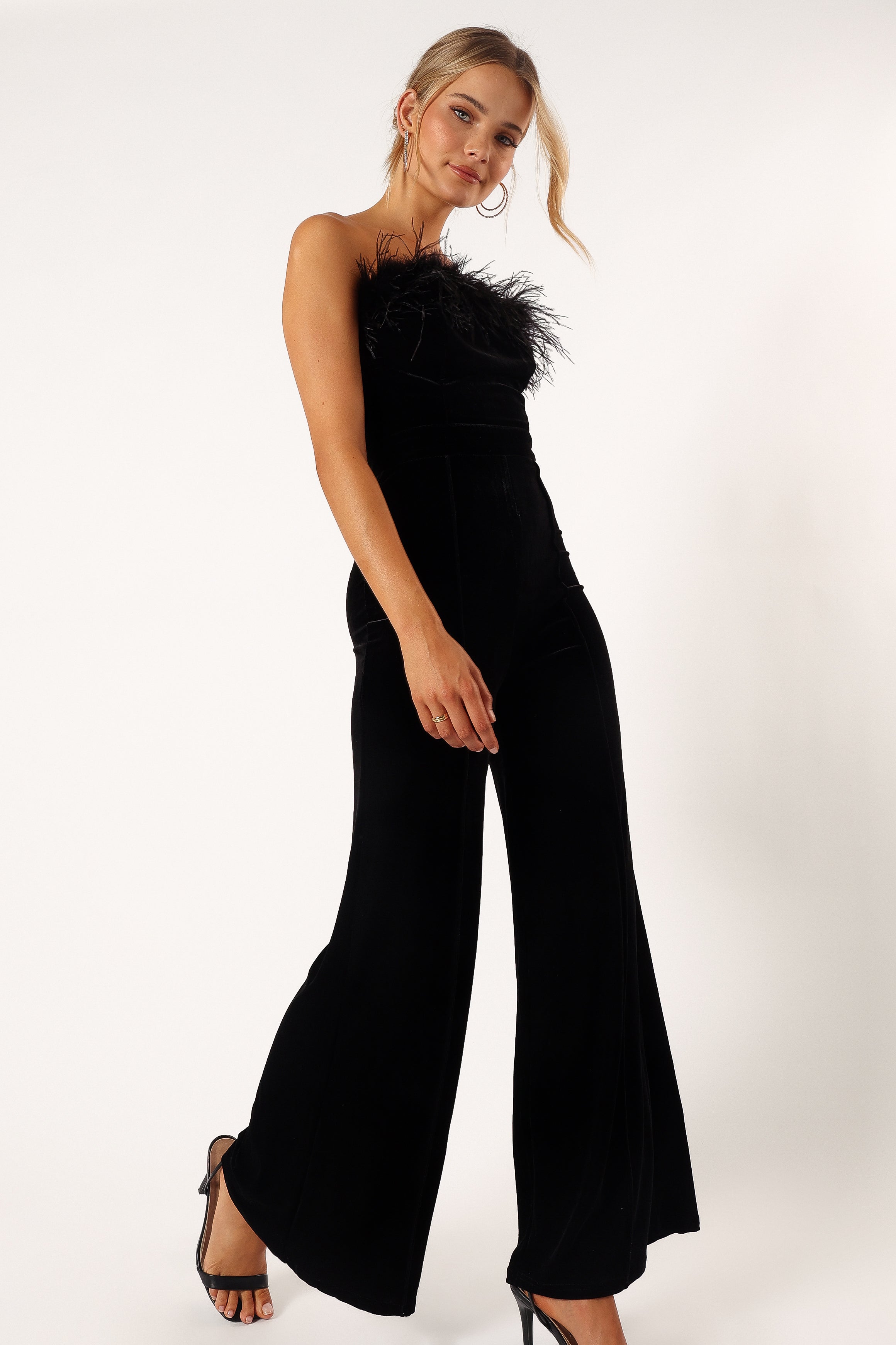 Donatella Feather Trim Jumpsuit - Black-Sunny Prom