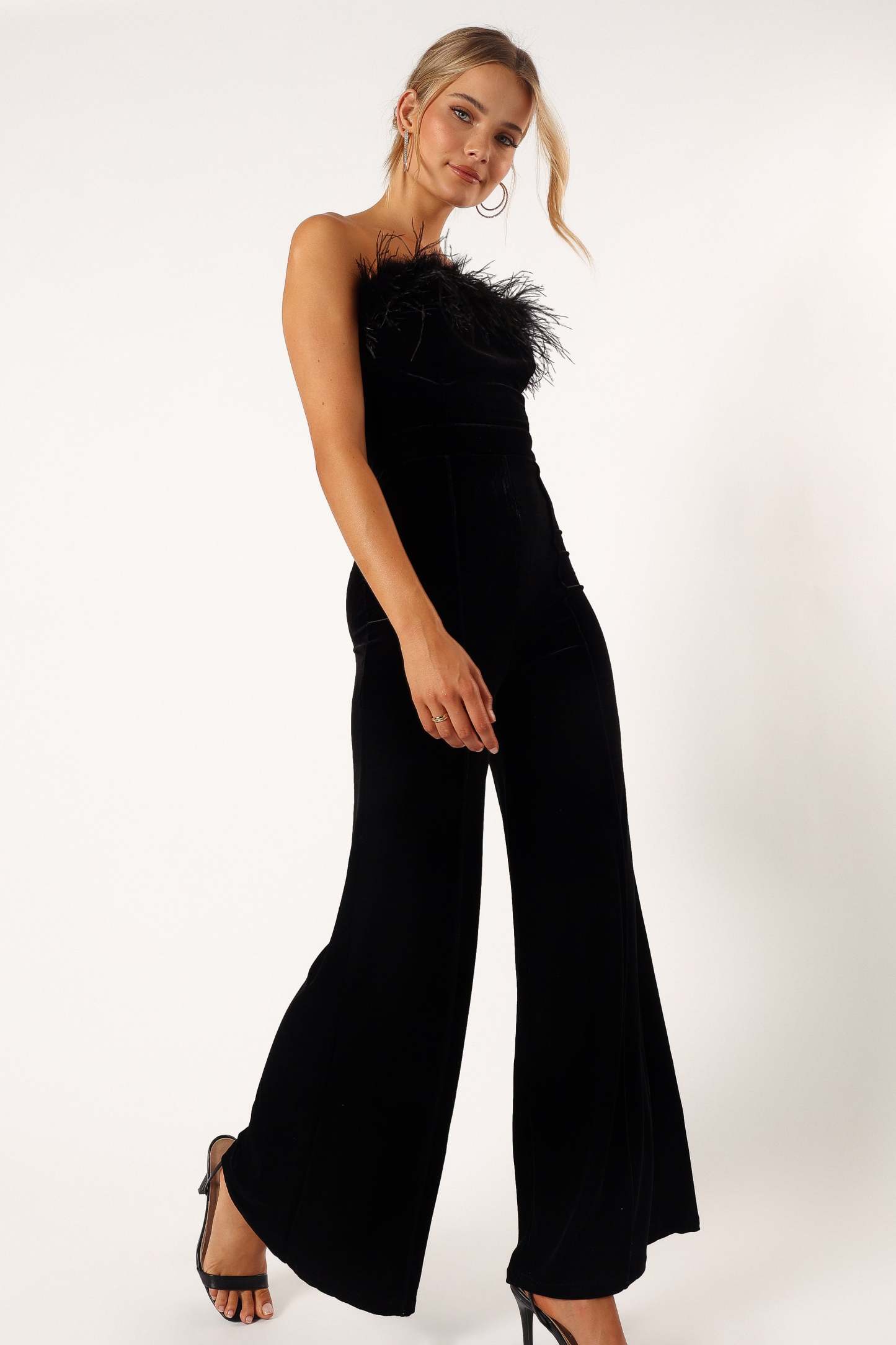 Donatella Feather Trim Jumpsuit - Black-Sunny Prom