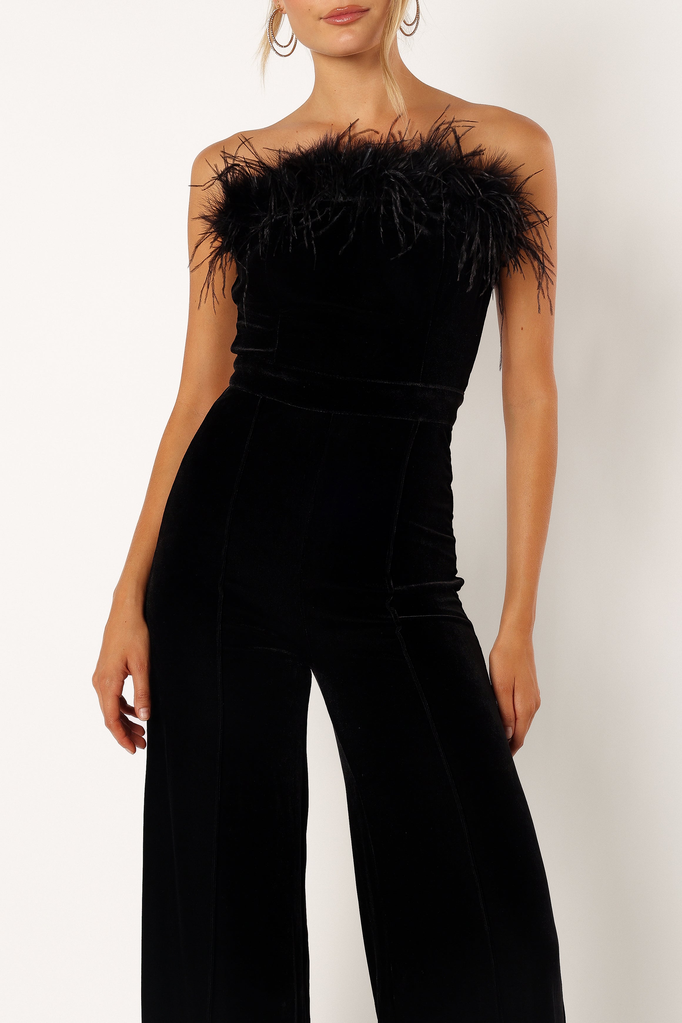 Donatella Feather Trim Jumpsuit - Black-Sunny Prom