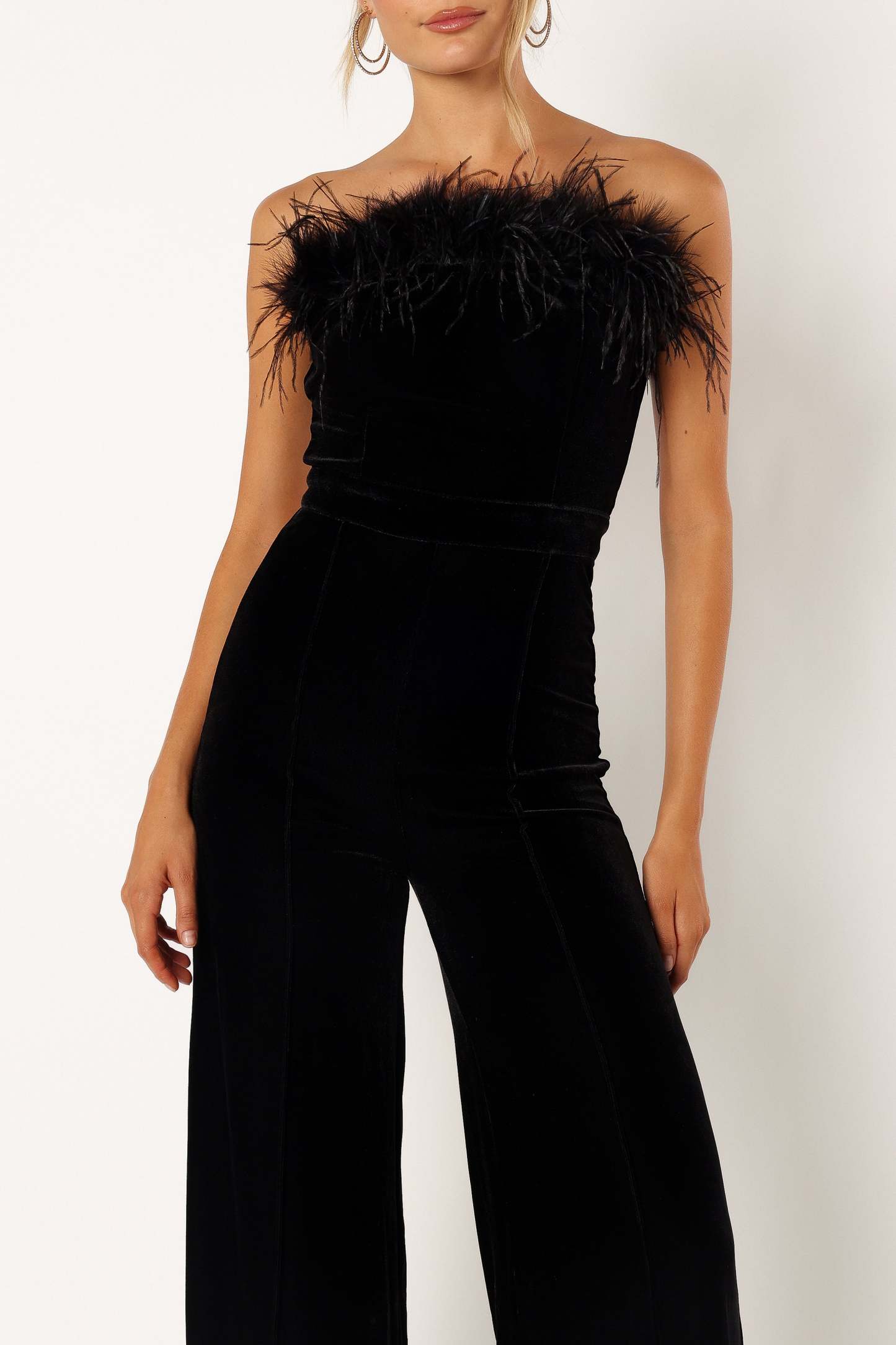 Donatella Feather Trim Jumpsuit - Black-Sunny Prom