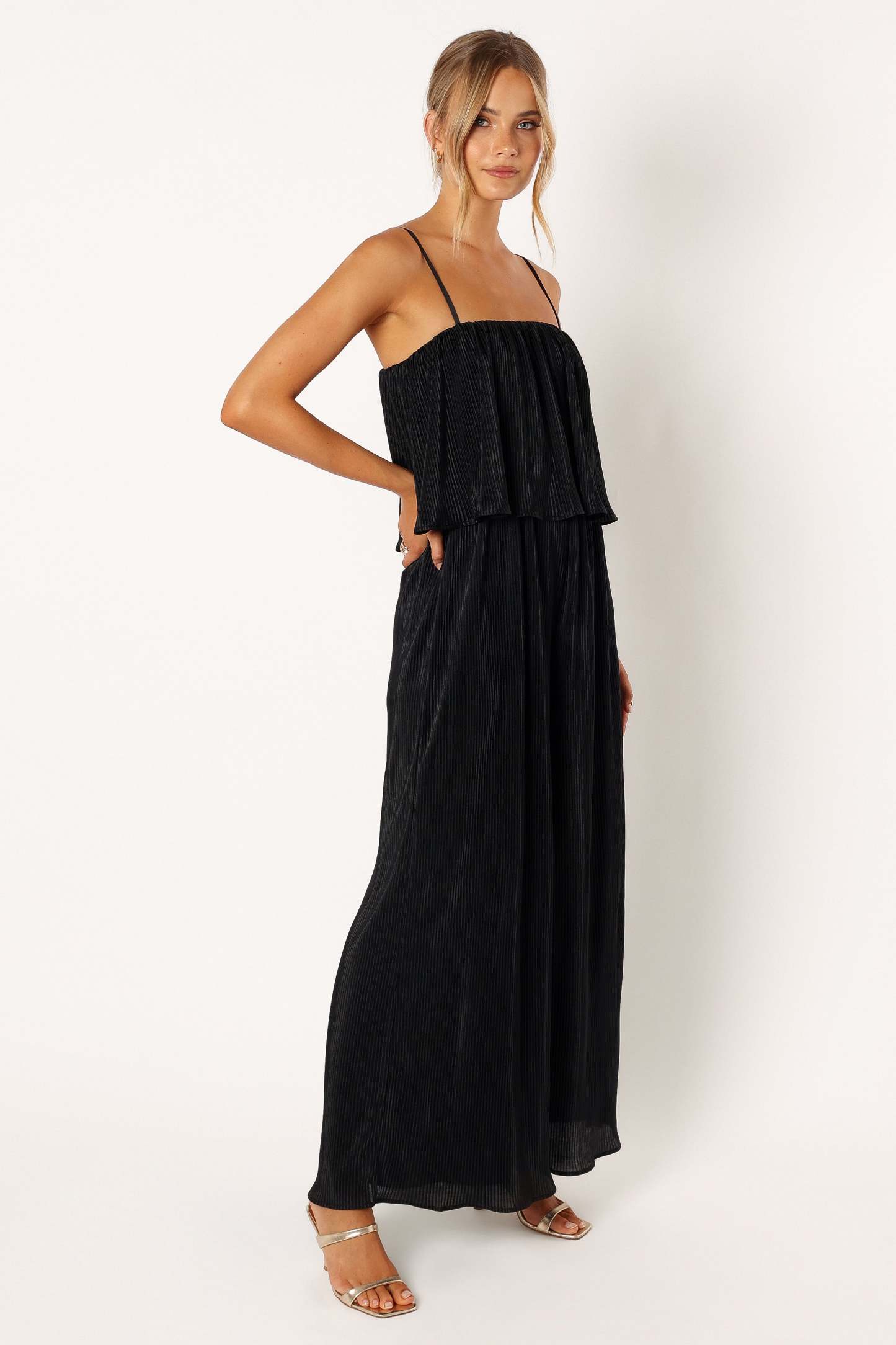 Jillian Plisse Jumpsuit - Black-Sunny Prom