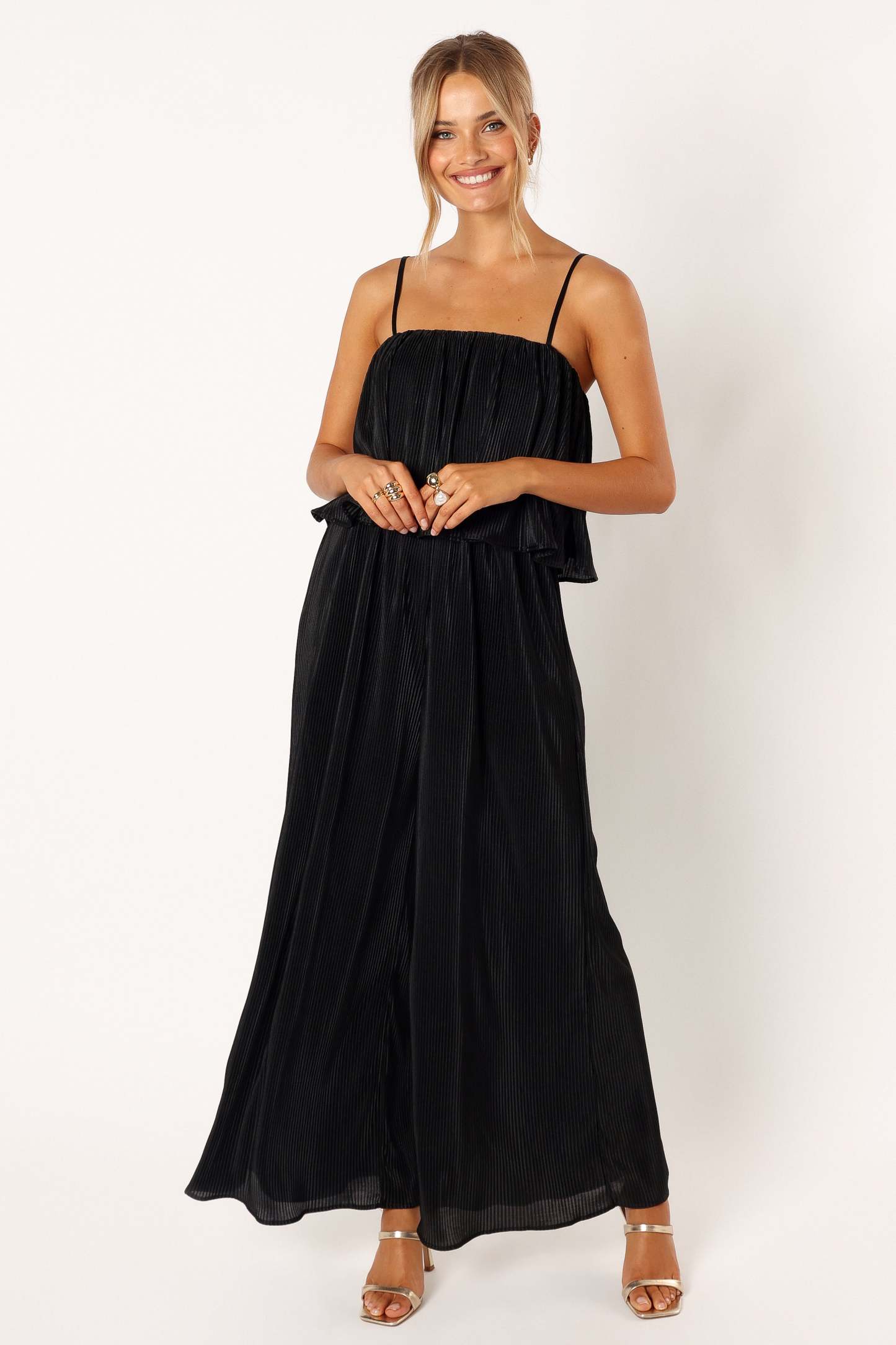 Jillian Plisse Jumpsuit - Black-Sunny Prom