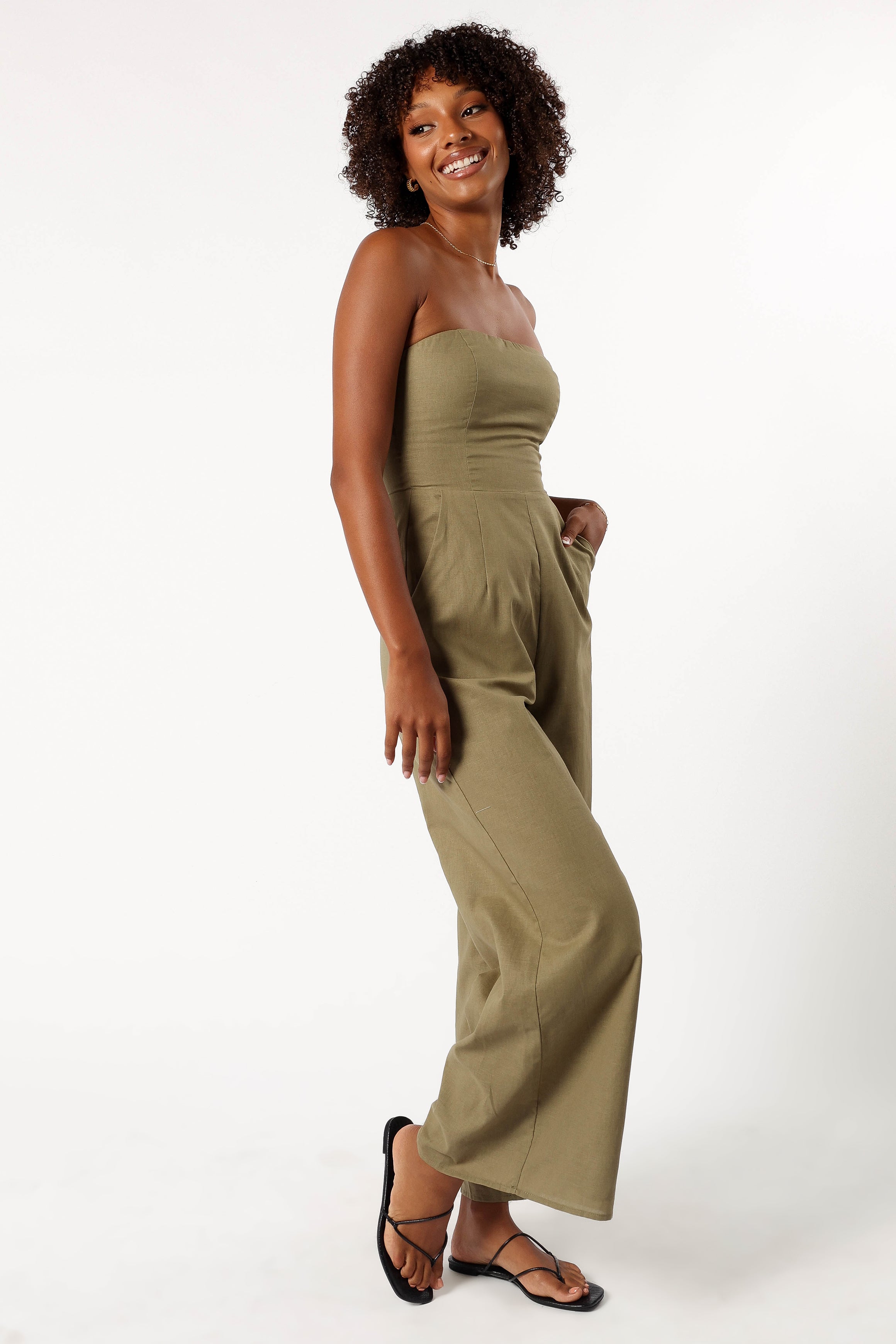 Jodie Strapless Jumpsuit - Olive-Sunny Prom