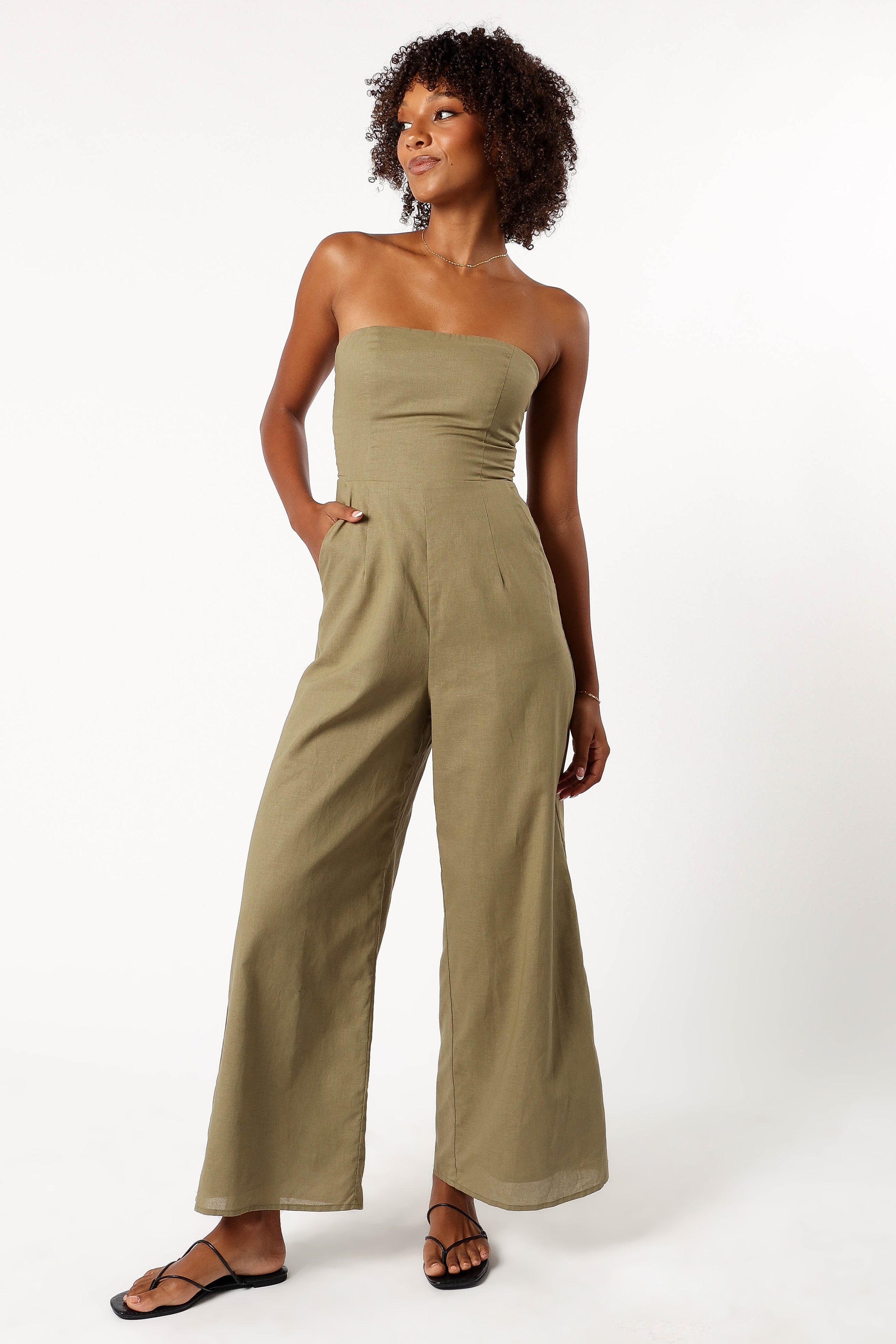 Jodie Strapless Jumpsuit - Olive-Sunny Prom