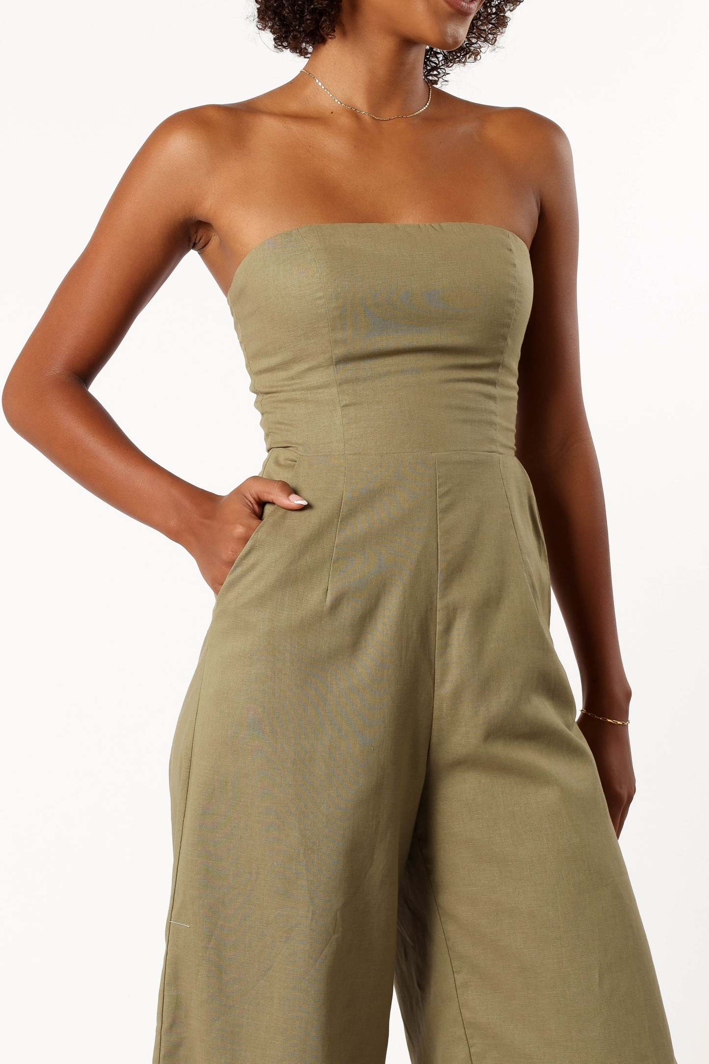 Jodie Strapless Jumpsuit - Olive-Sunny Prom