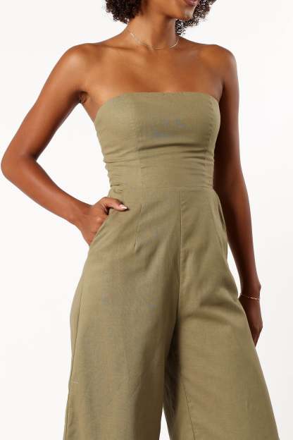 Jodie Strapless Jumpsuit - Olive-Sunny Prom