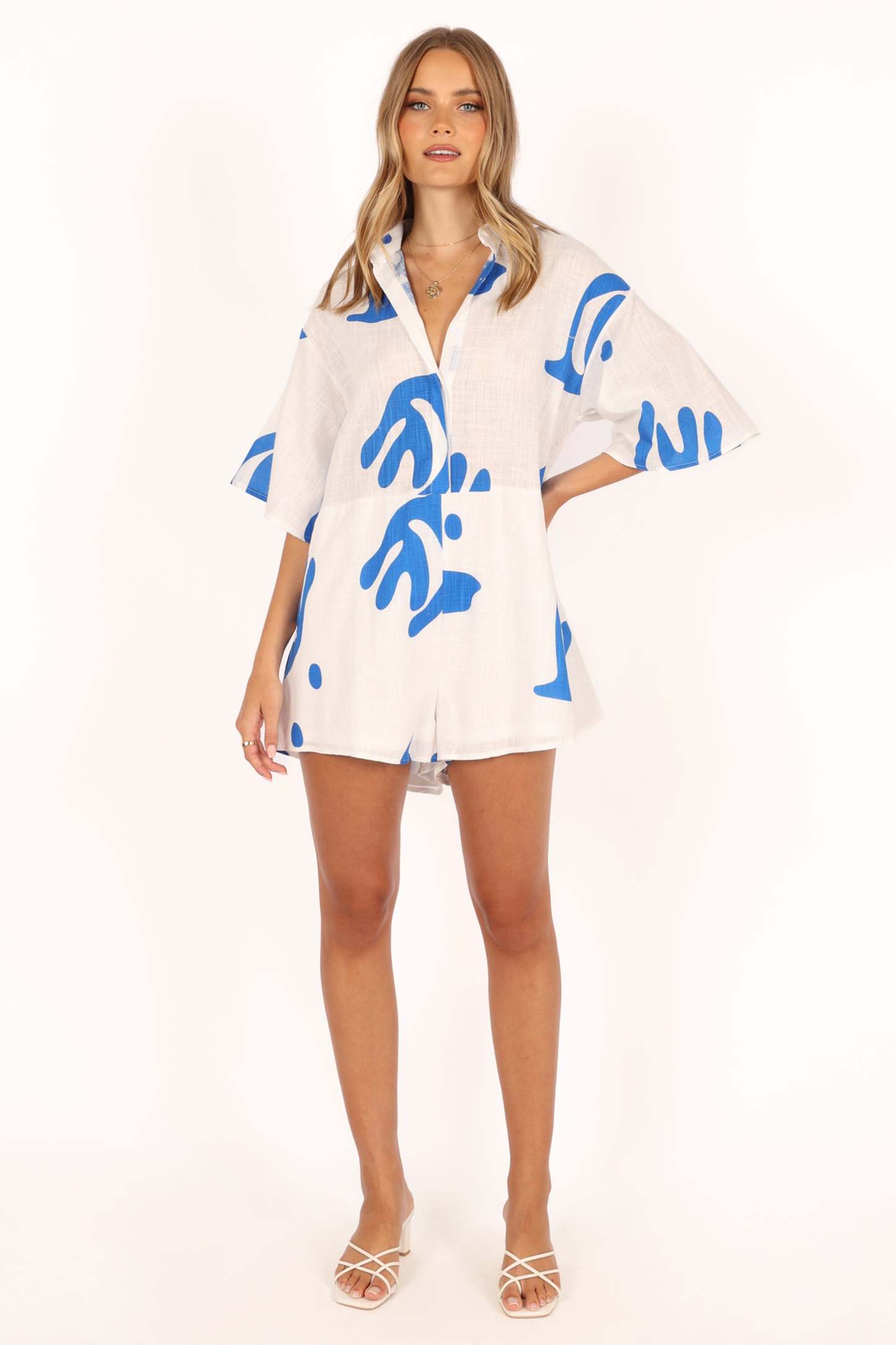 Kellie Romper - White/Blue-Sunny Prom