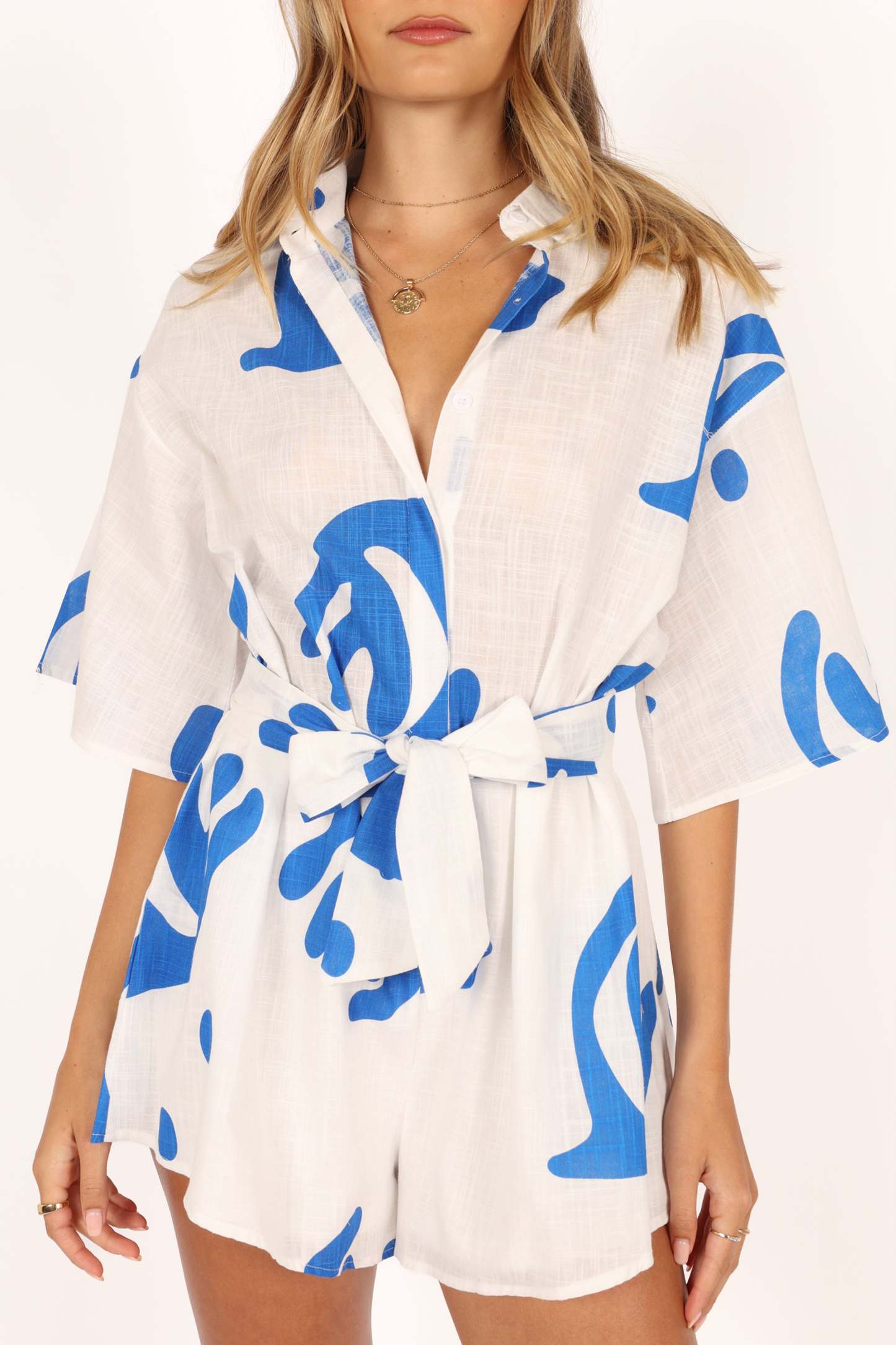 Kellie Romper - White/Blue-Sunny Prom
