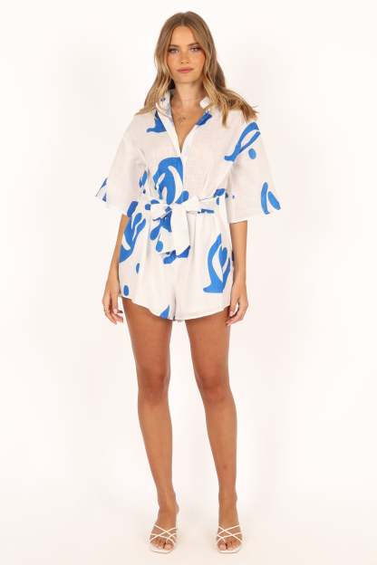 Kellie Romper - White/Blue-Sunny Prom