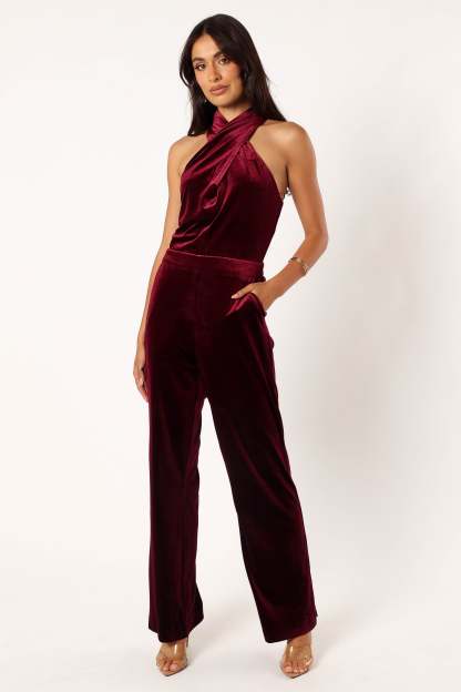 Liberty Velvet Jumpsuit - Burgundy-Sunny Prom