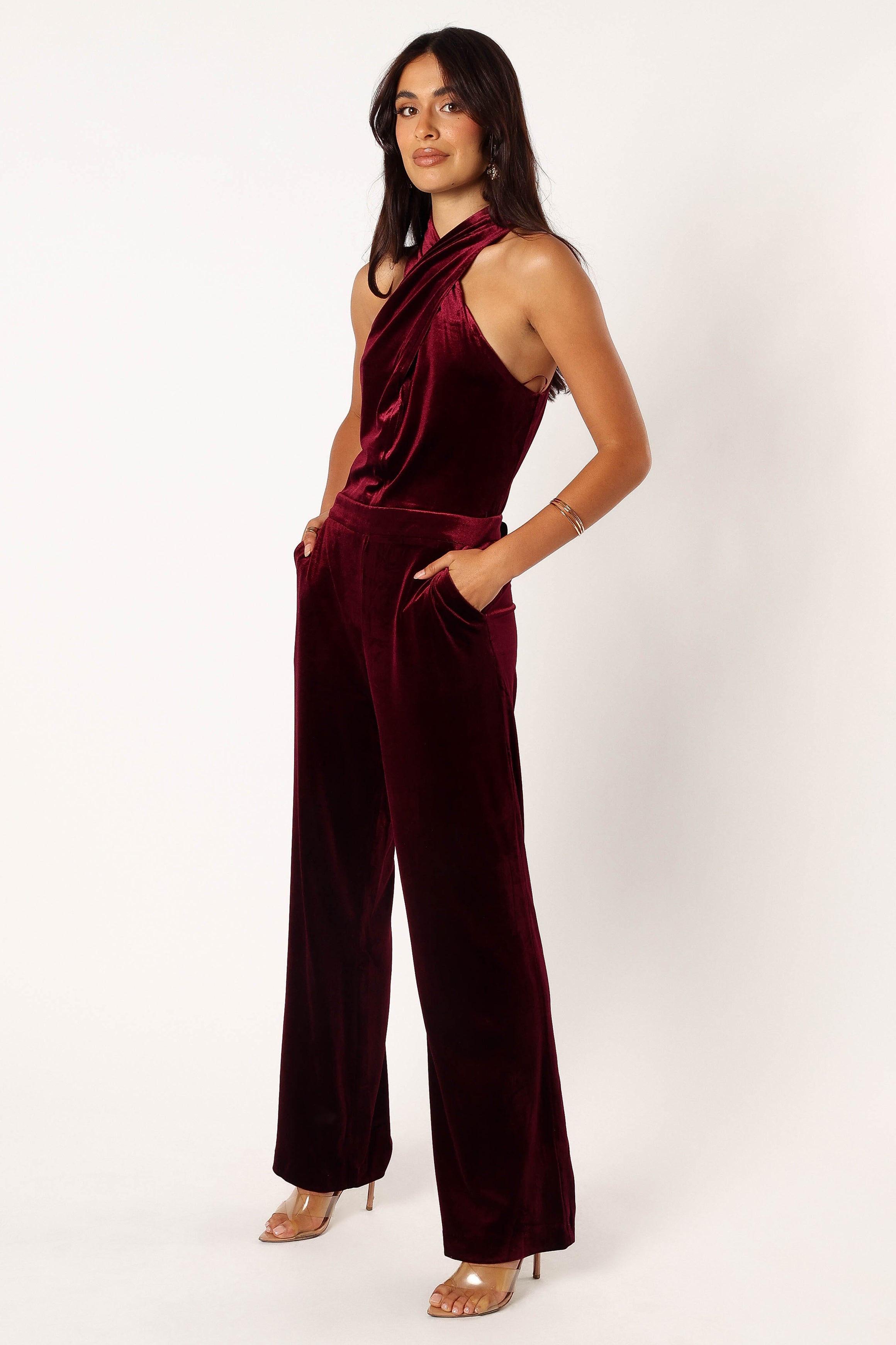 Liberty Velvet Jumpsuit - Burgundy-Sunny Prom