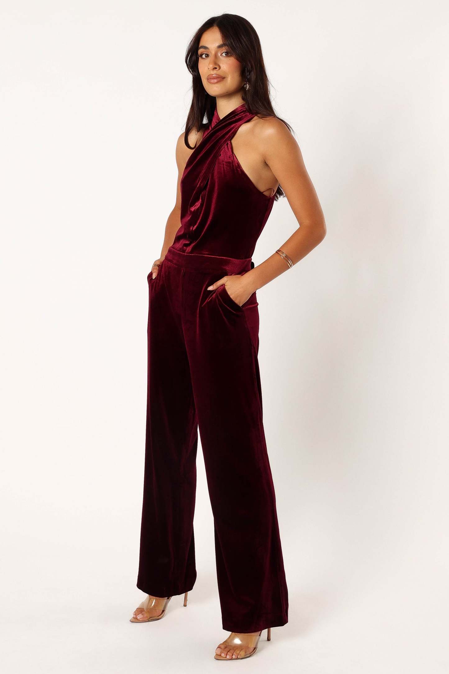 Liberty Velvet Jumpsuit - Burgundy-Sunny Prom