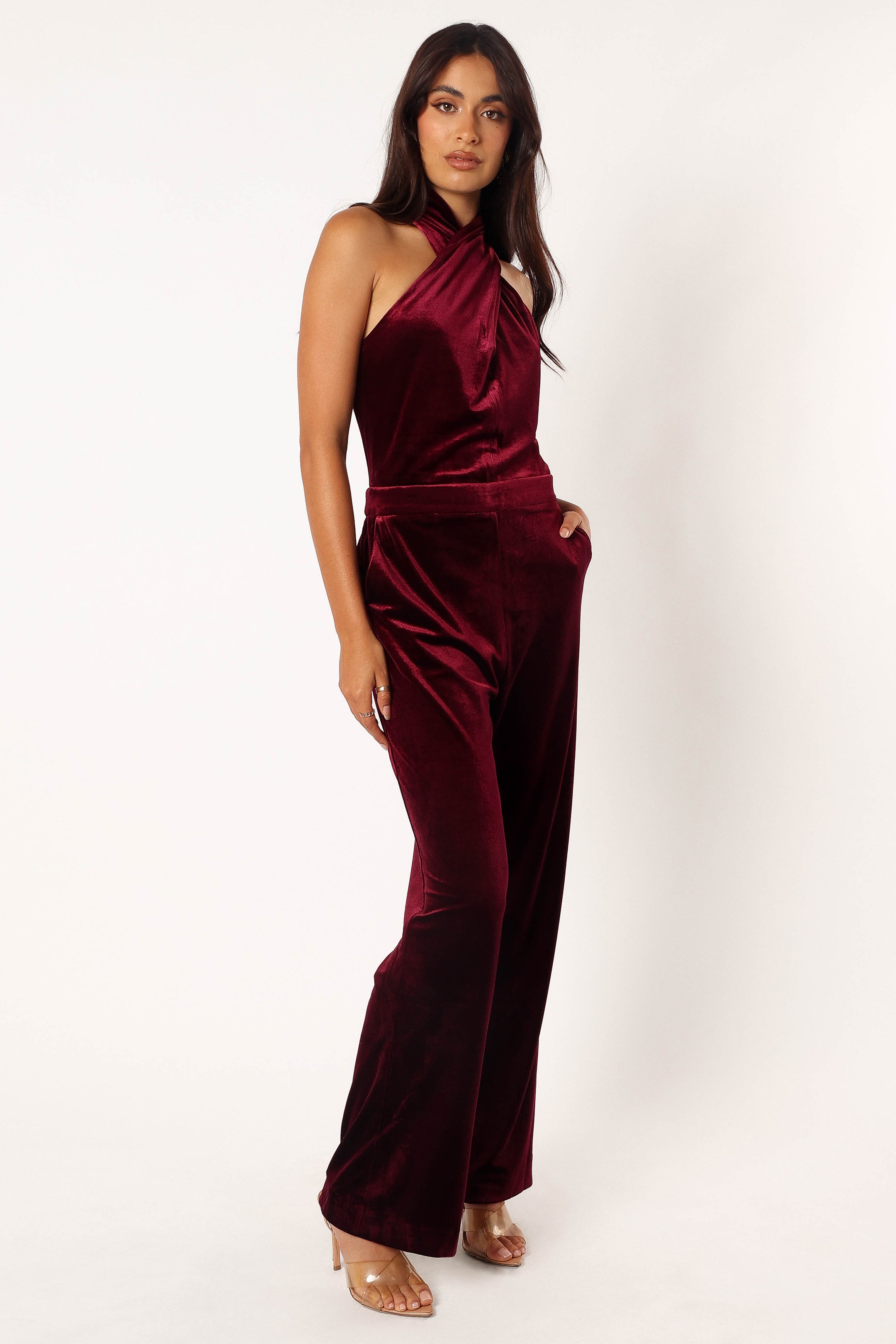 Liberty Velvet Jumpsuit - Burgundy-Sunny Prom