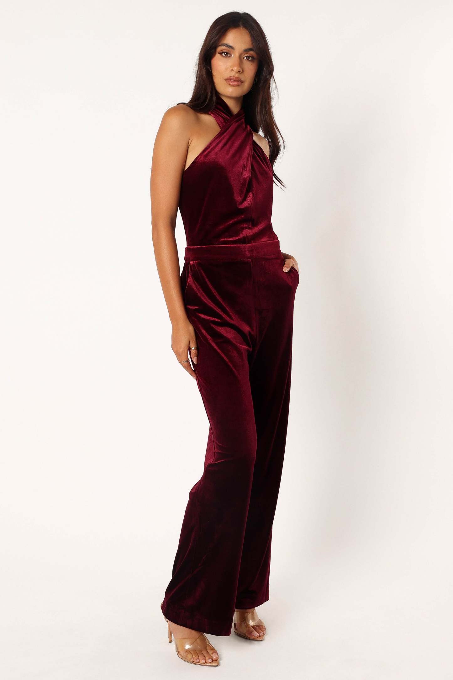 Liberty Velvet Jumpsuit - Burgundy-Sunny Prom