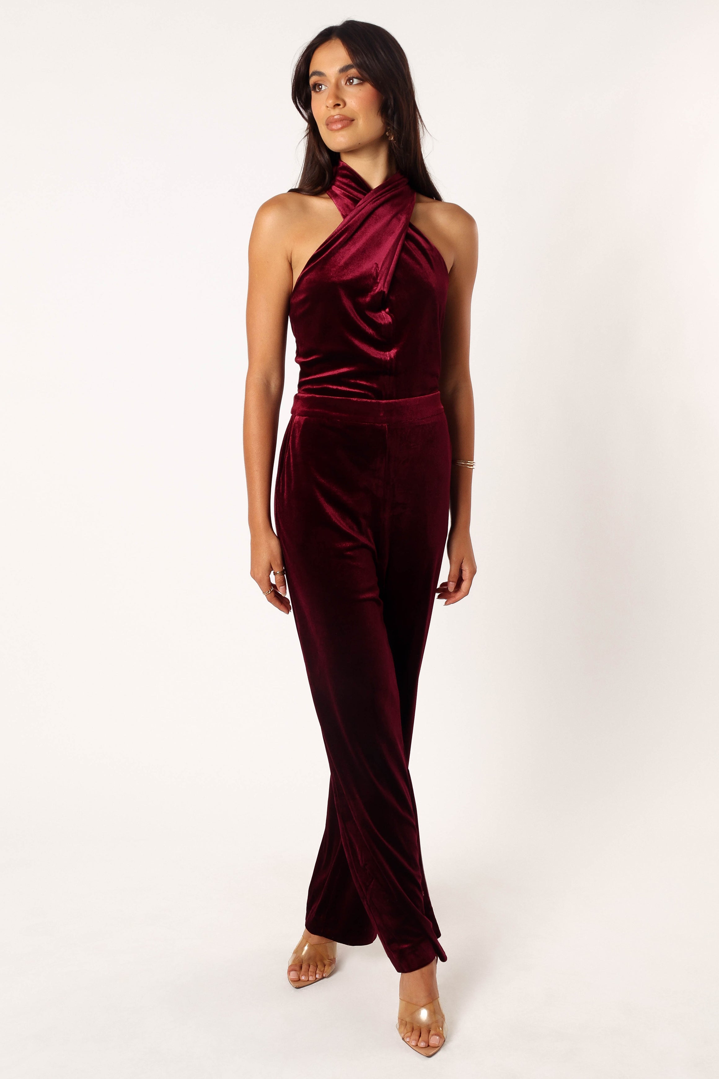 Liberty Velvet Jumpsuit - Burgundy-Sunny Prom