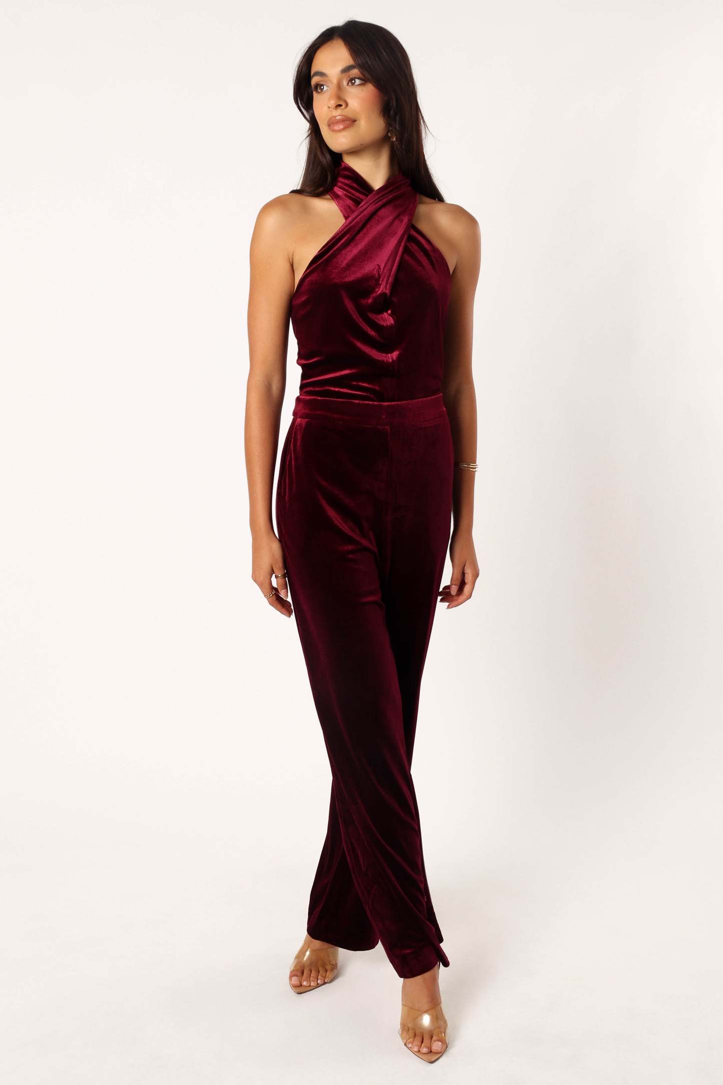 Liberty Velvet Jumpsuit - Burgundy-Sunny Prom