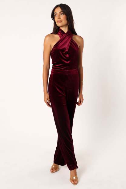 Liberty Velvet Jumpsuit - Burgundy-Sunny Prom