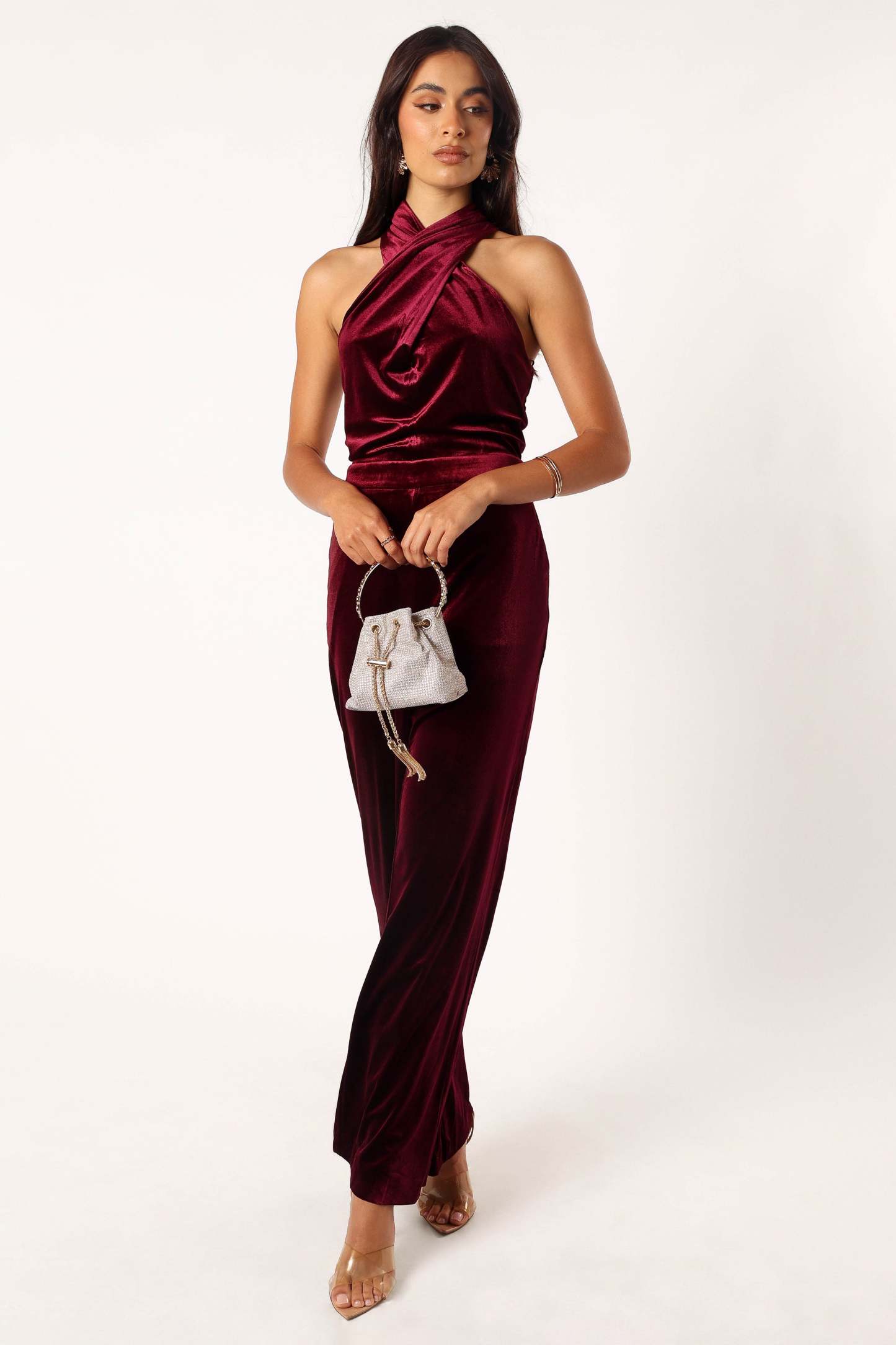 Liberty Velvet Jumpsuit - Burgundy-Sunny Prom