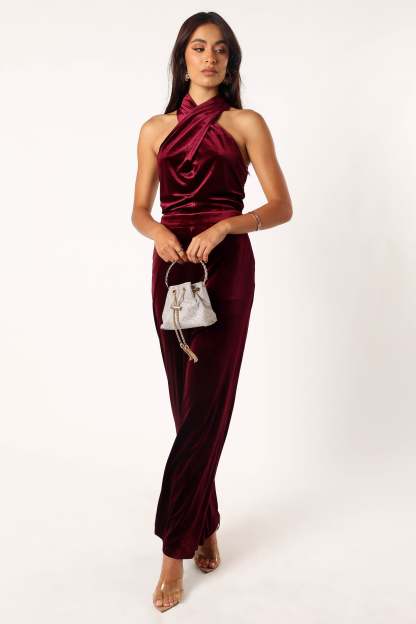 Liberty Velvet Jumpsuit - Burgundy-Sunny Prom