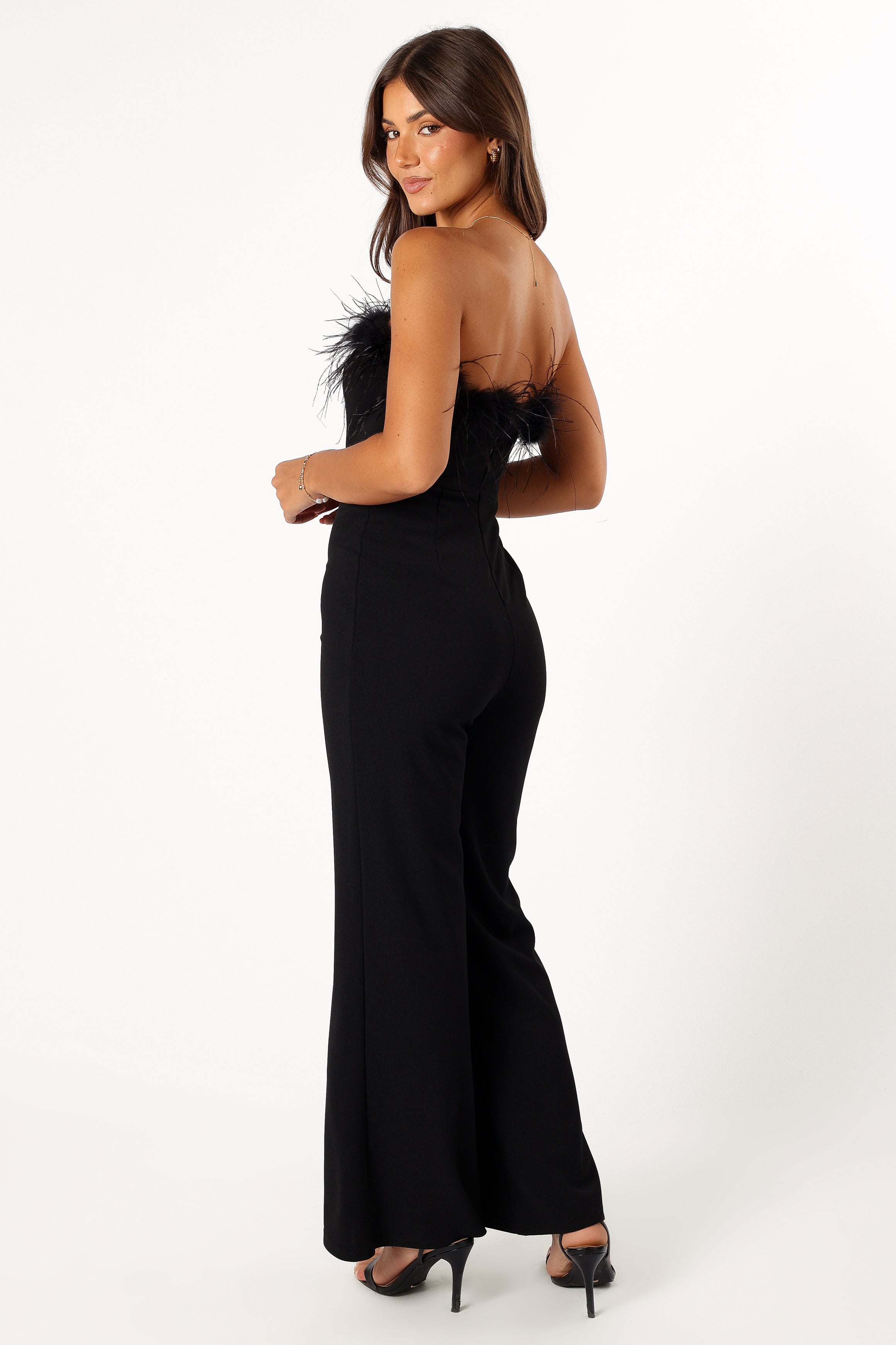 Louise Feather Trim Jumpsuit - Black-Sunny Prom