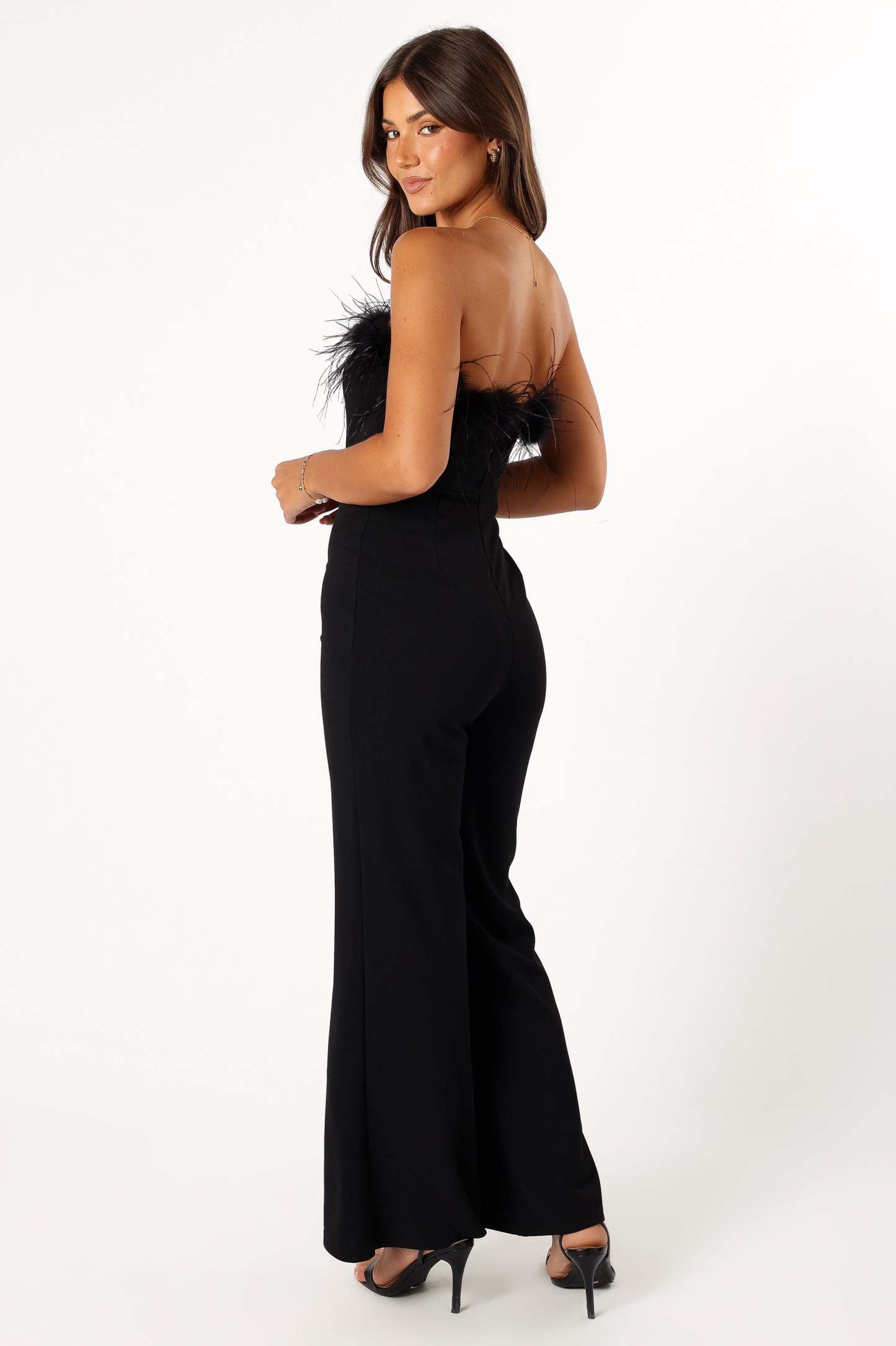 Louise Feather Trim Jumpsuit - Black-Sunny Prom
