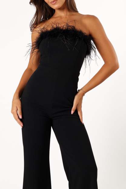 Louise Feather Trim Jumpsuit - Black-Sunny Prom