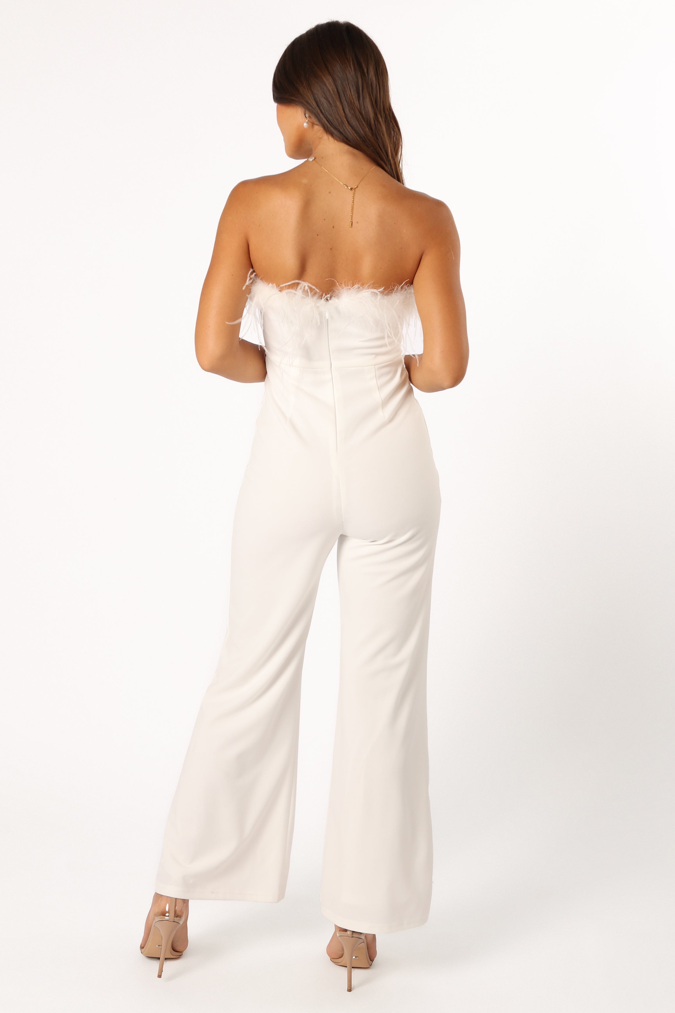 Louise Feather Trim Jumpsuit - White-Sunny Prom