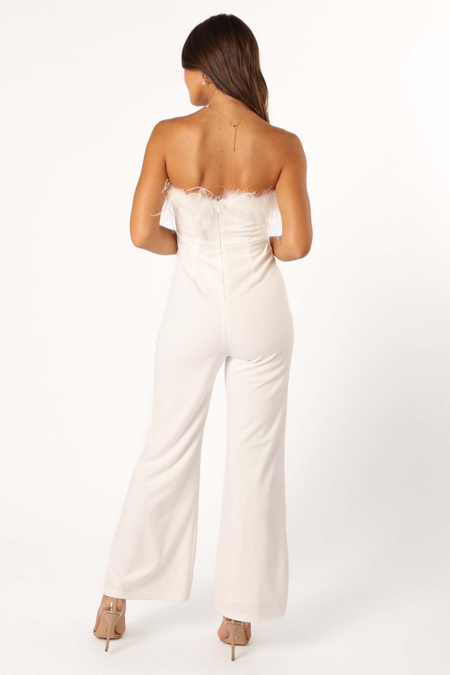 Louise Feather Trim Jumpsuit - White-Sunny Prom