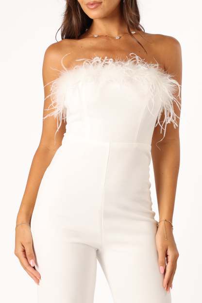Louise Feather Trim Jumpsuit - White-Sunny Prom