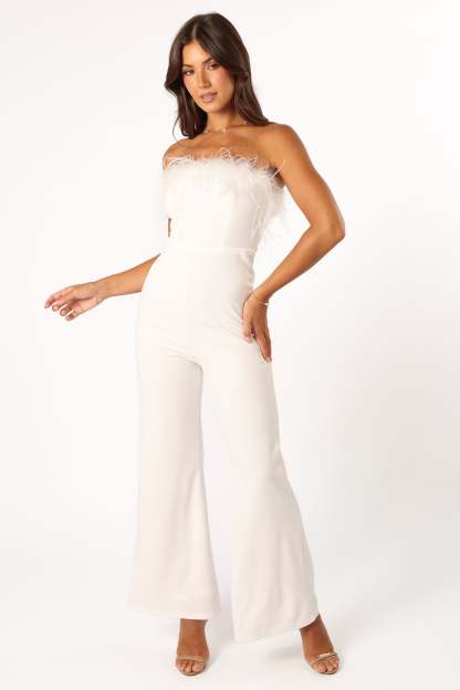 Louise Feather Trim Jumpsuit - White-Sunny Prom