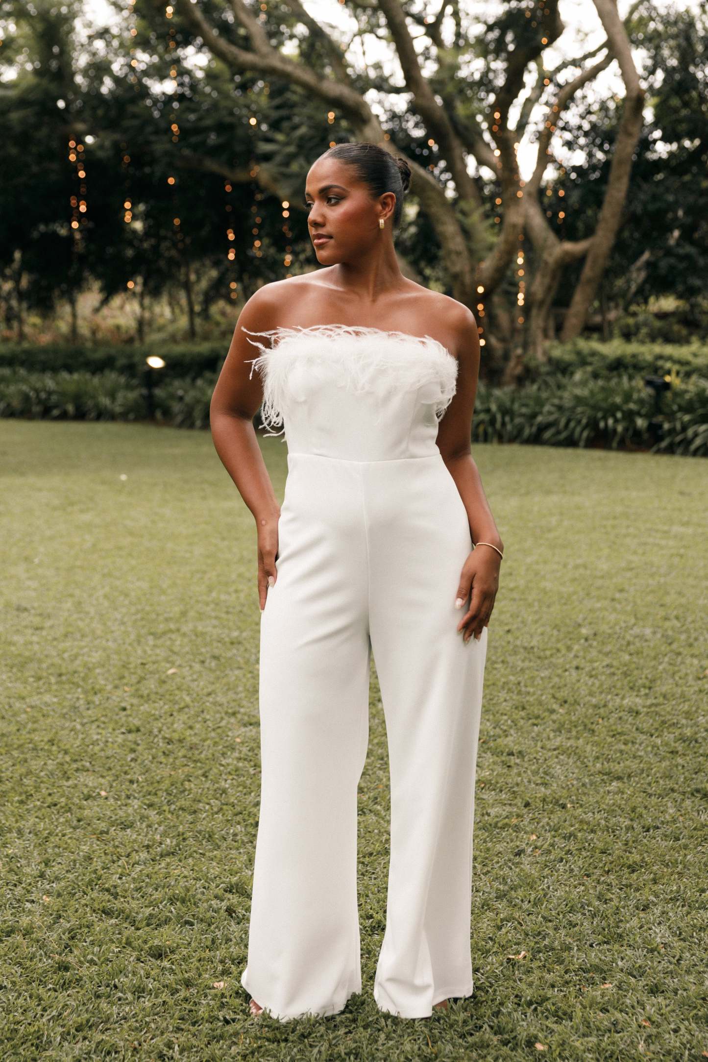 Louise Feather Trim Jumpsuit - White-Sunny Prom