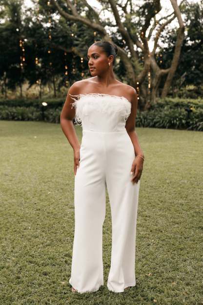 Louise Feather Trim Jumpsuit - White-Sunny Prom