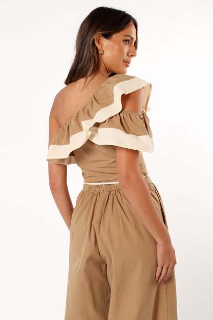 Everly One Shoulder Top - Khaki/Cream-Sunny Prom