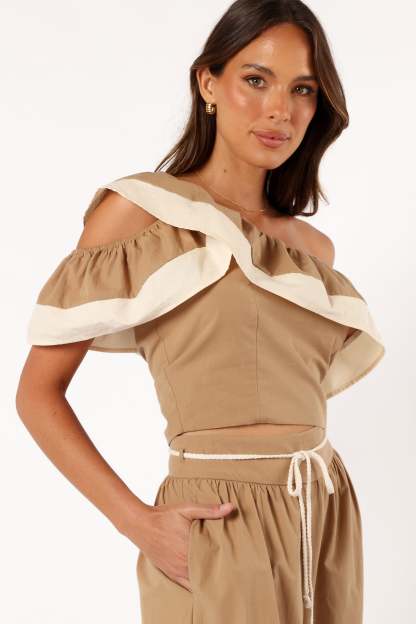 Everly One Shoulder Top - Khaki/Cream-Sunny Prom