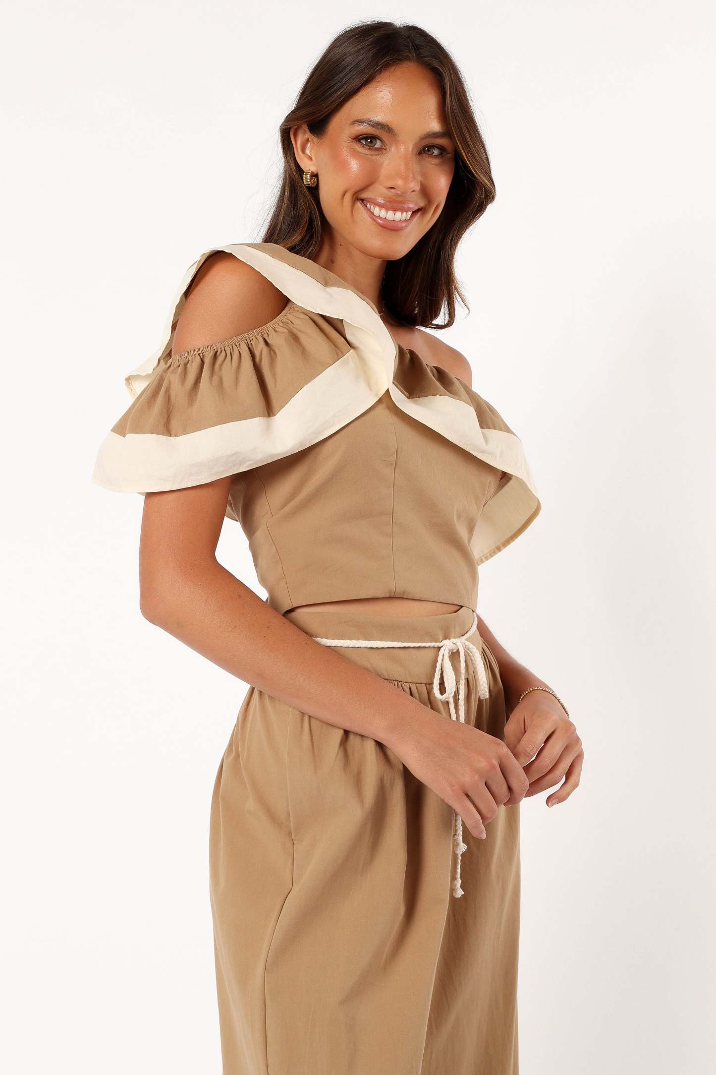 Everly One Shoulder Top - Khaki/Cream-Sunny Prom