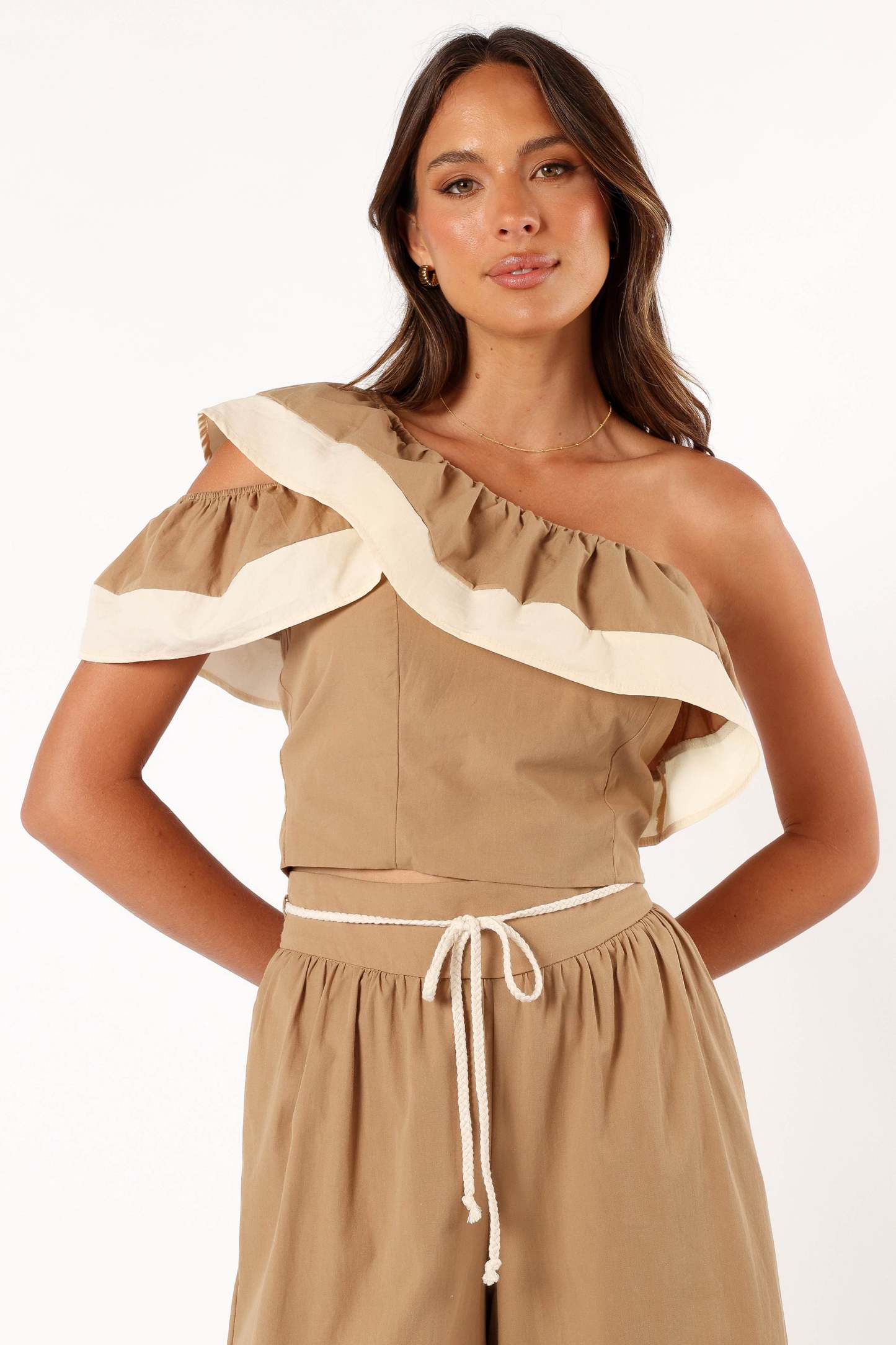 Everly One Shoulder Top - Khaki/Cream-Sunny Prom