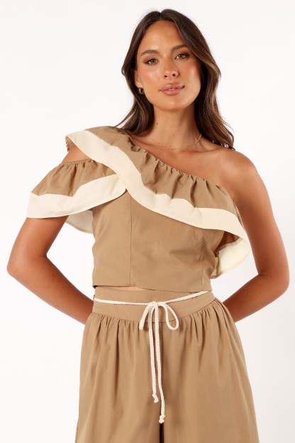 Everly One Shoulder Top - Khaki/Cream-Sunny Prom