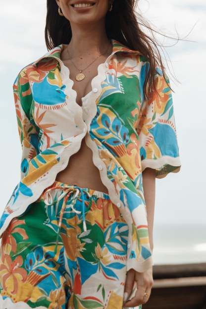 Harriet Button Down Top - Malta Print-Sunny Prom