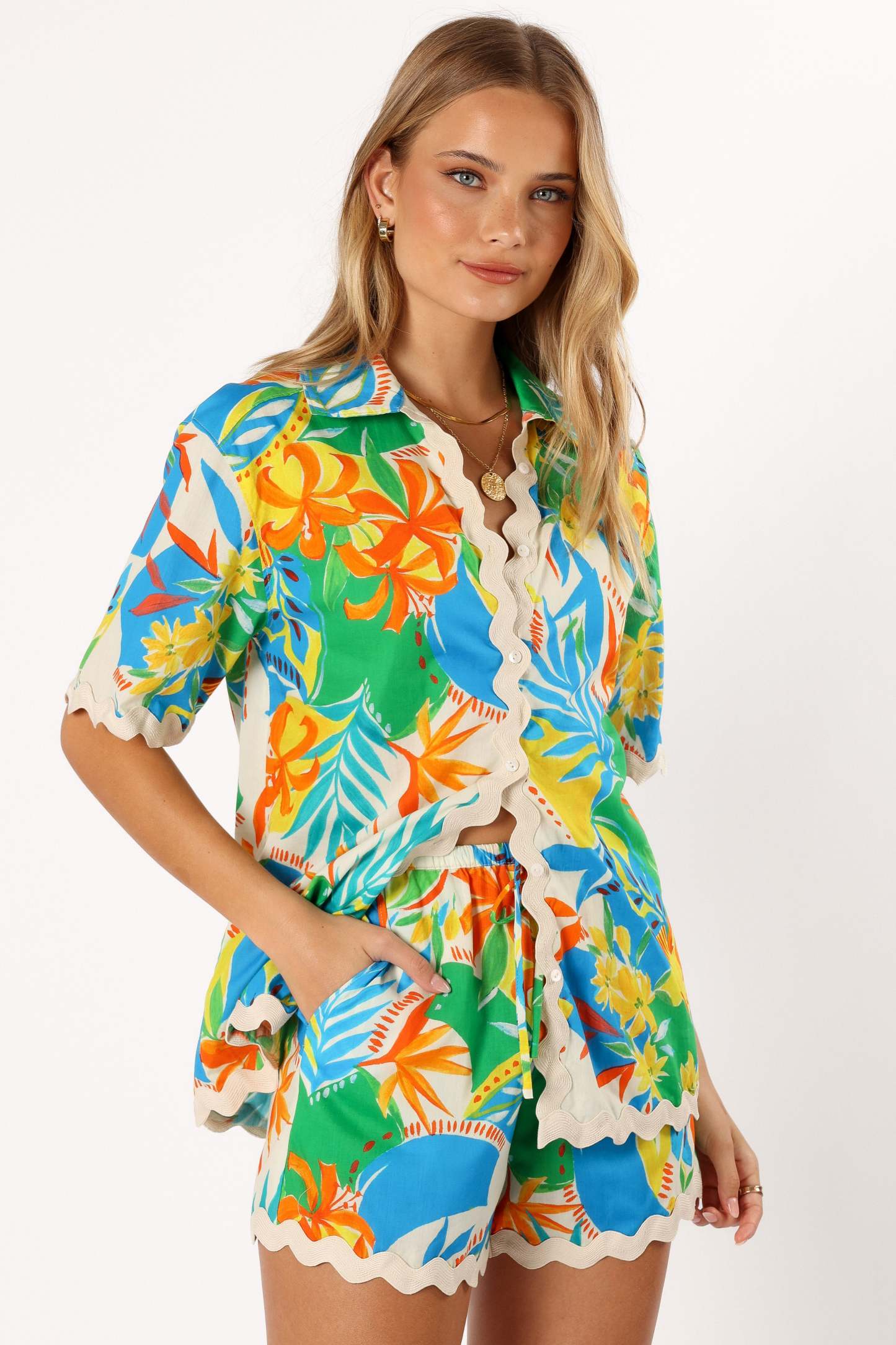 Harriet Button Down Top - Malta Print-Sunny Prom