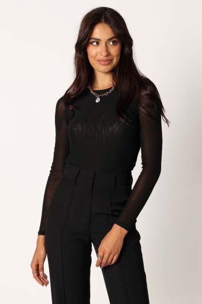 Kellie Mesh Long Sleeve Bodysuit - Black-Sunny Prom