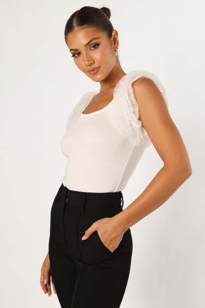 Meg Tulle Ruffle Sleeve Bodysuit - White-Sunny Prom